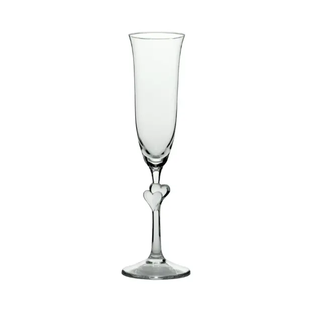 Set of two Stolzle Lausitz L'Amour clear heart-shaped champagne flutes with frosted finish in a gift box, ideal for celebrating special occasions.
