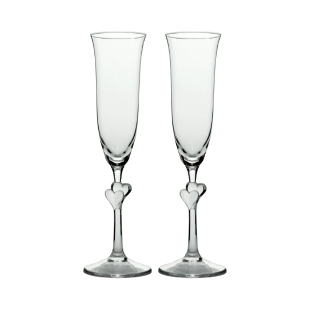 Pair of Stolzle Lausitz L'Amour clear heart-shaped champagne flutes in frosted glass, set of 2 in a gift box.