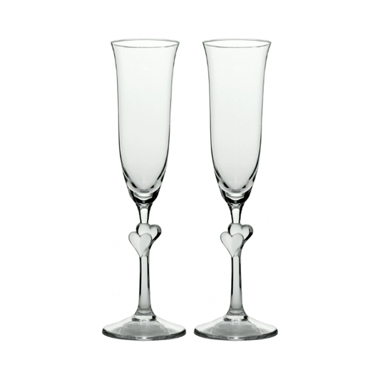 Pair of Stolzle Lausitz L'Amour clear heart-shaped champagne flutes in frosted glass, set of 2 in a gift box.