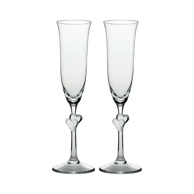 Set of two Stolzle Lausitz L'Amour clear heart-shaped champagne flutes with frosted heart design, in a gift box.