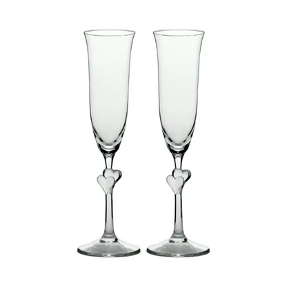 Set of two Stolzle Lausitz L'Amour clear heart-shaped champagne flutes with frosted heart design, in a gift box.