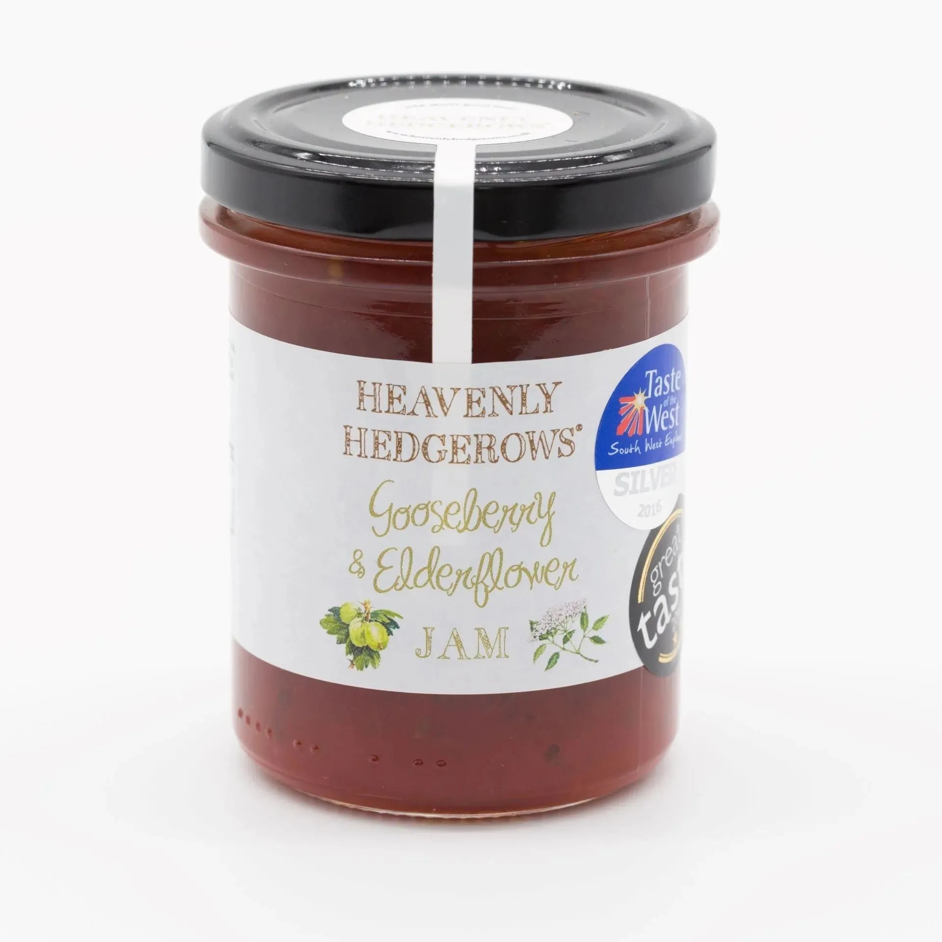 Heavenly Hedgerows Gooseberry & Elderflower Jam jar with golden jam visible inside, surrounded by fresh gooseberries and elderflowers.