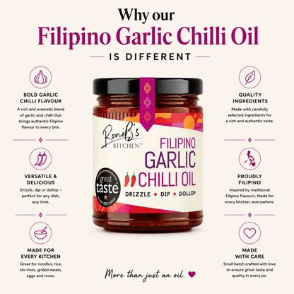 Filipino-style garlic chili oil hot sauce by RoniBs Kitchen, with visible garlic cloves and red chili peppers in a clear bottle.