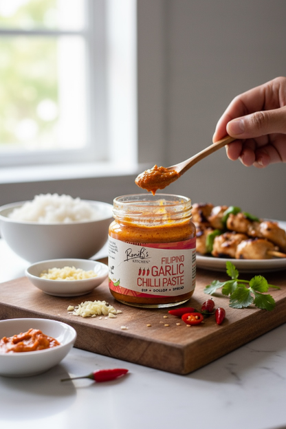 RoniBs Kitchen Filipino garlic chili paste with Scotch bonnets, medium heat hot sauce, vegan, served with food.