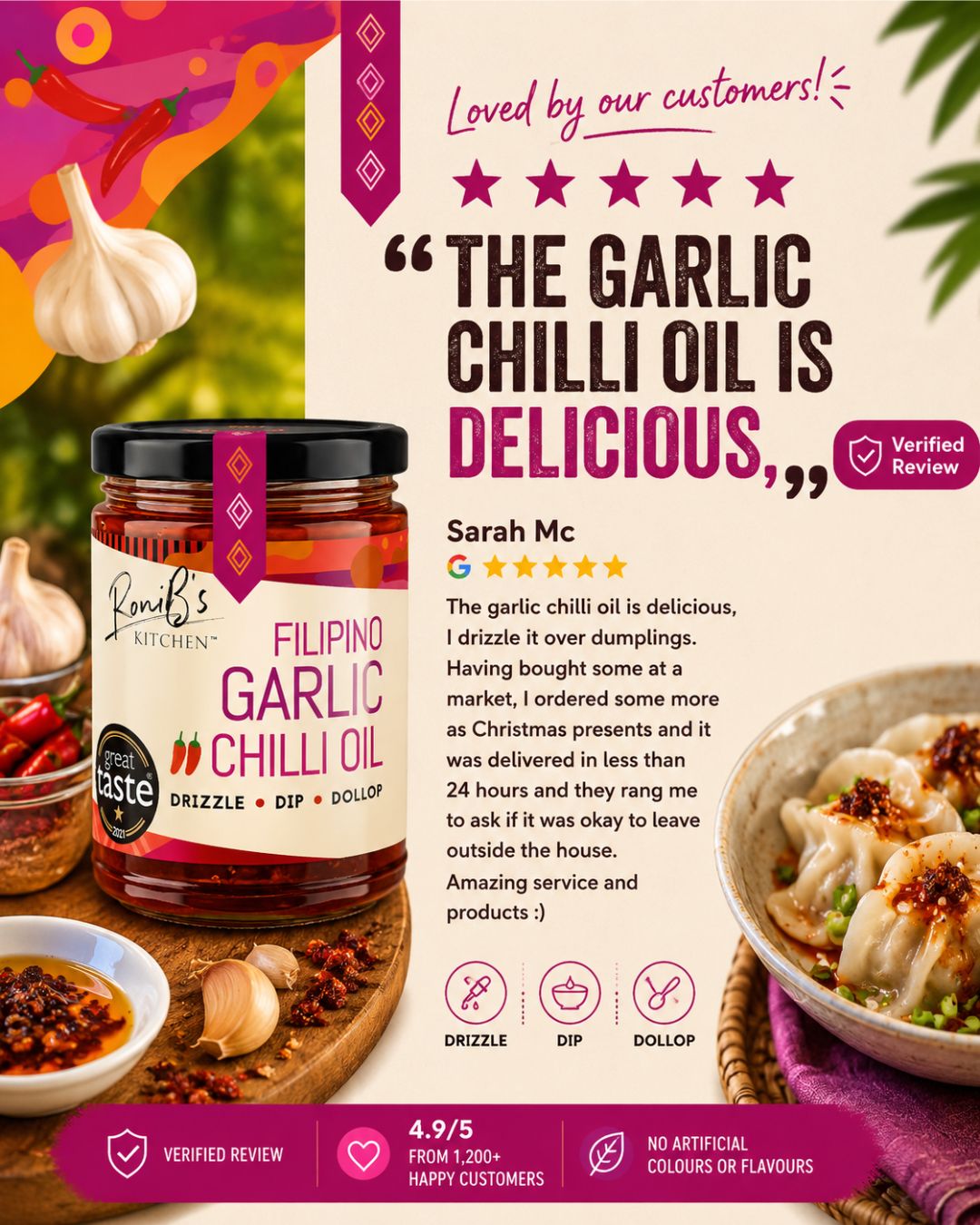 RoniBs Kitchen Filipino Garlic Chilli Paste with Scotch Bonnets hot sauce, medium heat, vegan, in a glass jar with garlic and chillies visible