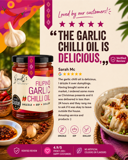 RoniBs Kitchen Filipino Garlic Chilli Paste with Scotch Bonnets hot sauce, medium heat, vegan, in a glass jar with garlic and chillies visible