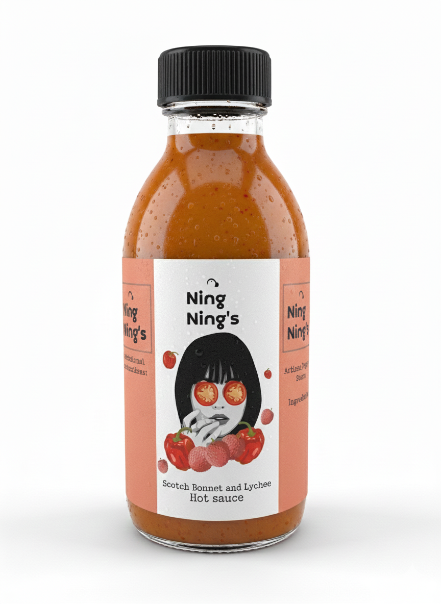 Ning Nings Scotch Bonnet & Lychee Pepper Sauce bottle with vibrant red chili sauce visible inside, featuring a label with colorful design.