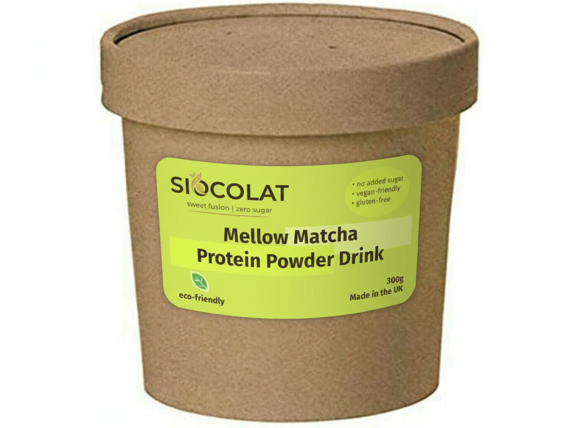 Creamy Mellow Matcha protein drink by Siocolat in a 300g container, showcasing the vibrant green matcha flavor.