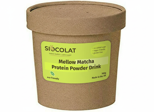 Creamy Mellow Matcha protein drink by Siocolat in a 300g container, showcasing the vibrant green matcha flavor.