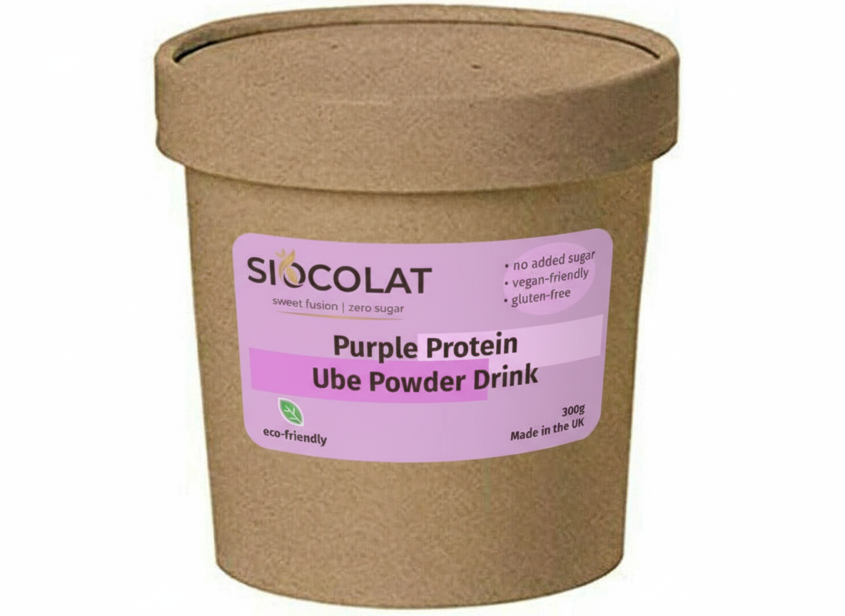 Purple Ube protein drink by Siocolat in a 300g container, showing the vibrant purple powder and packaging.