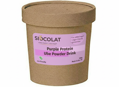 Purple Ube protein drink by Siocolat in a 300g container, showing the vibrant purple powder and packaging.