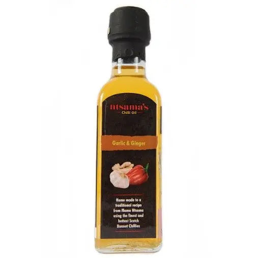 Bottle of garlic and ginger oil from ntsama.co.uk, showcasing the clear container and golden oil inside.