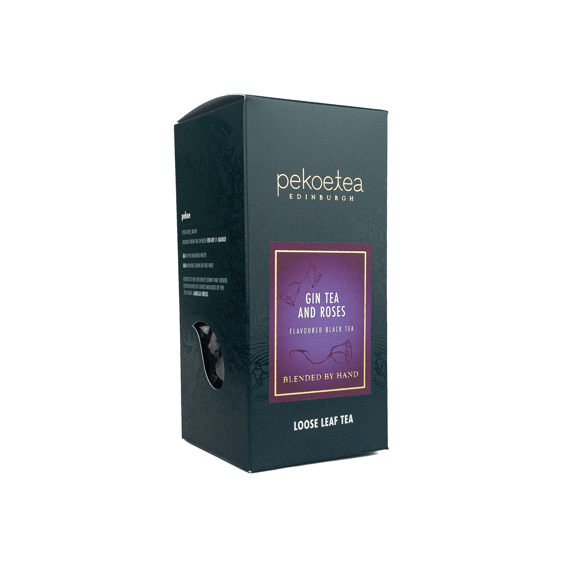 Box of PekoeTea Edinburgh Gin Tea and Roses flavor tea with elegant packaging and dried tea leaves inside.