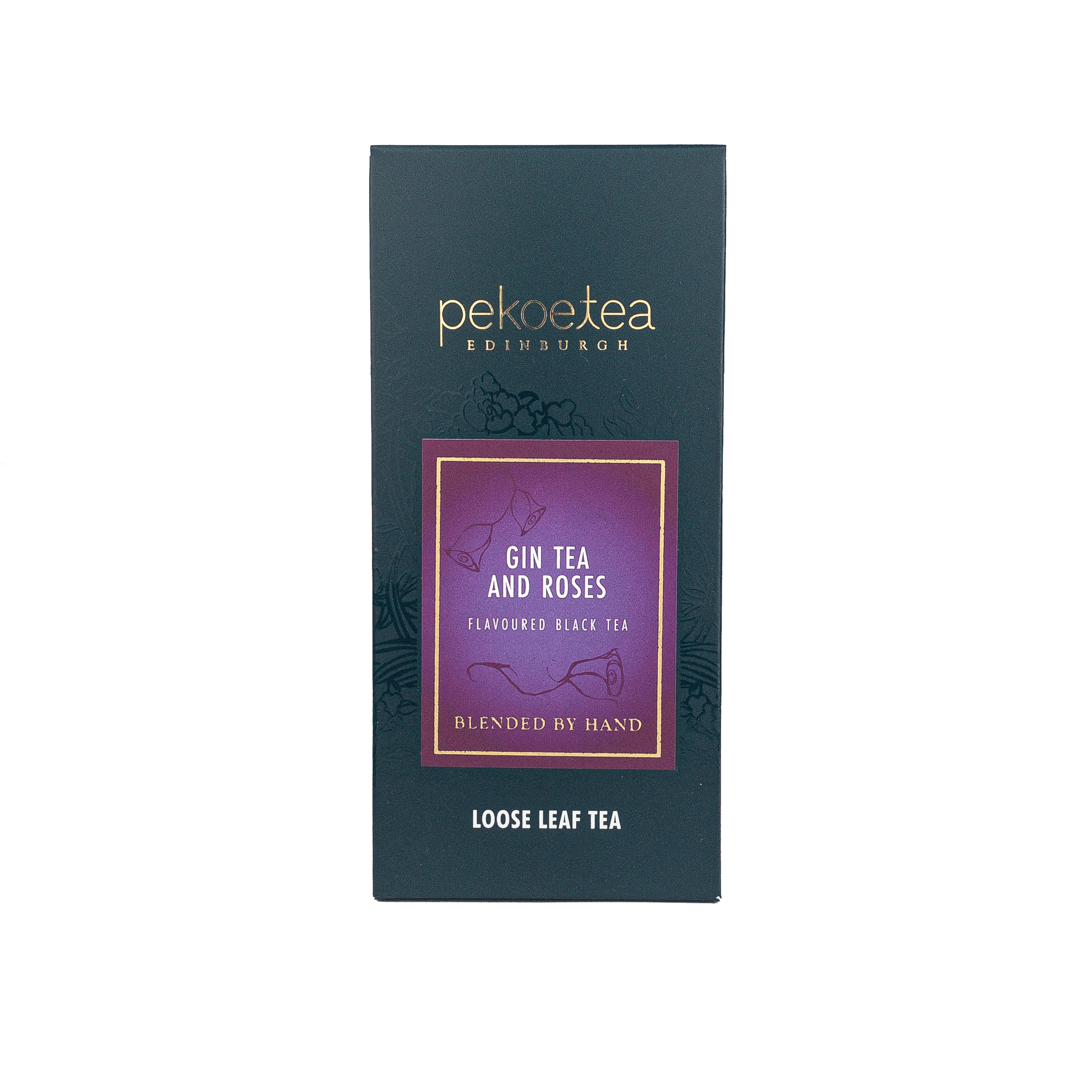 PekoeTea Edinburgh Gin Tea with roses in a decorative box, showcasing a floral tea blend and elegant packaging.
