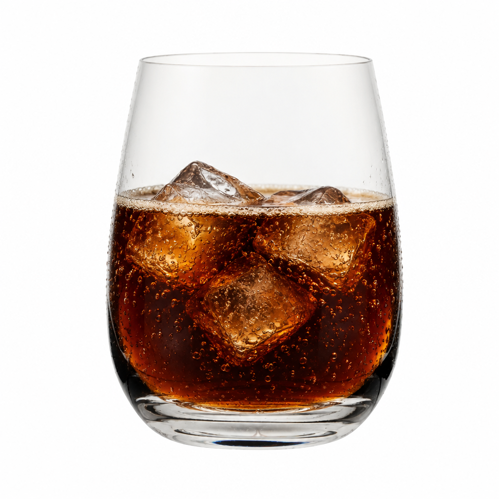 Glassware UK Bolero whisky tumbler filled with cola soft drink, 350ml, clear glass with a wide rim and sturdy base.