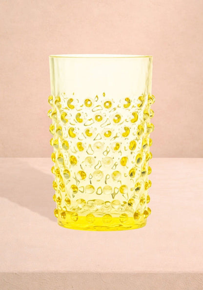 Set of 4 Casa by Josephine Jenno Citrine Dew Drop Tumblers, clear glass glasses with a textured dew drop design.