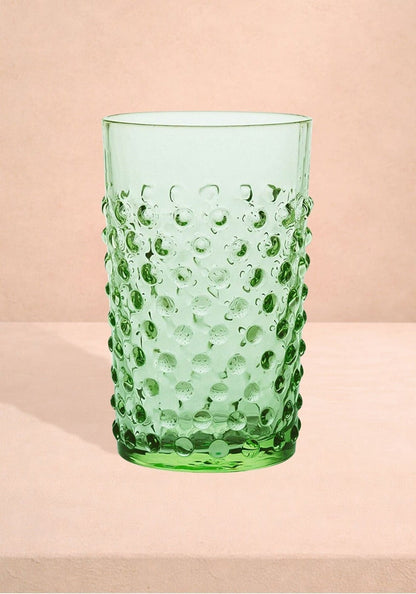 Set of four Clover Dew Drop Tumblers by Casa Josephine Jenno, clear glass drinking glasses with a leaf design.