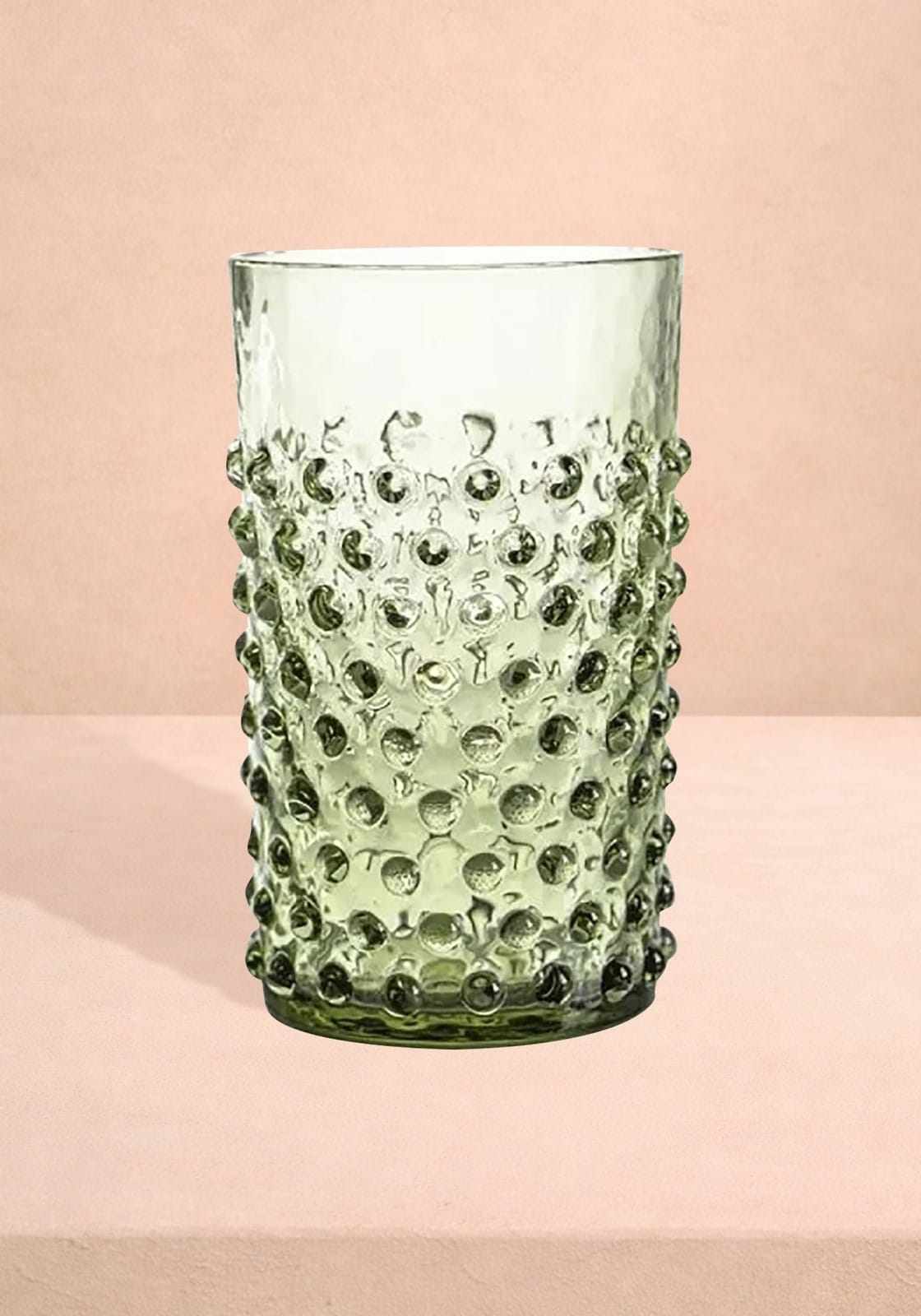 Set of 4 olive green Dew Drop tumblers by Casa by Josephine Jenno, clear glass drinking glasses with textured dew drop design.