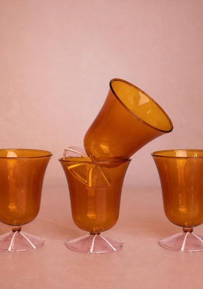 Whimsical Amber Glasses with Pink Base - Set of 2
