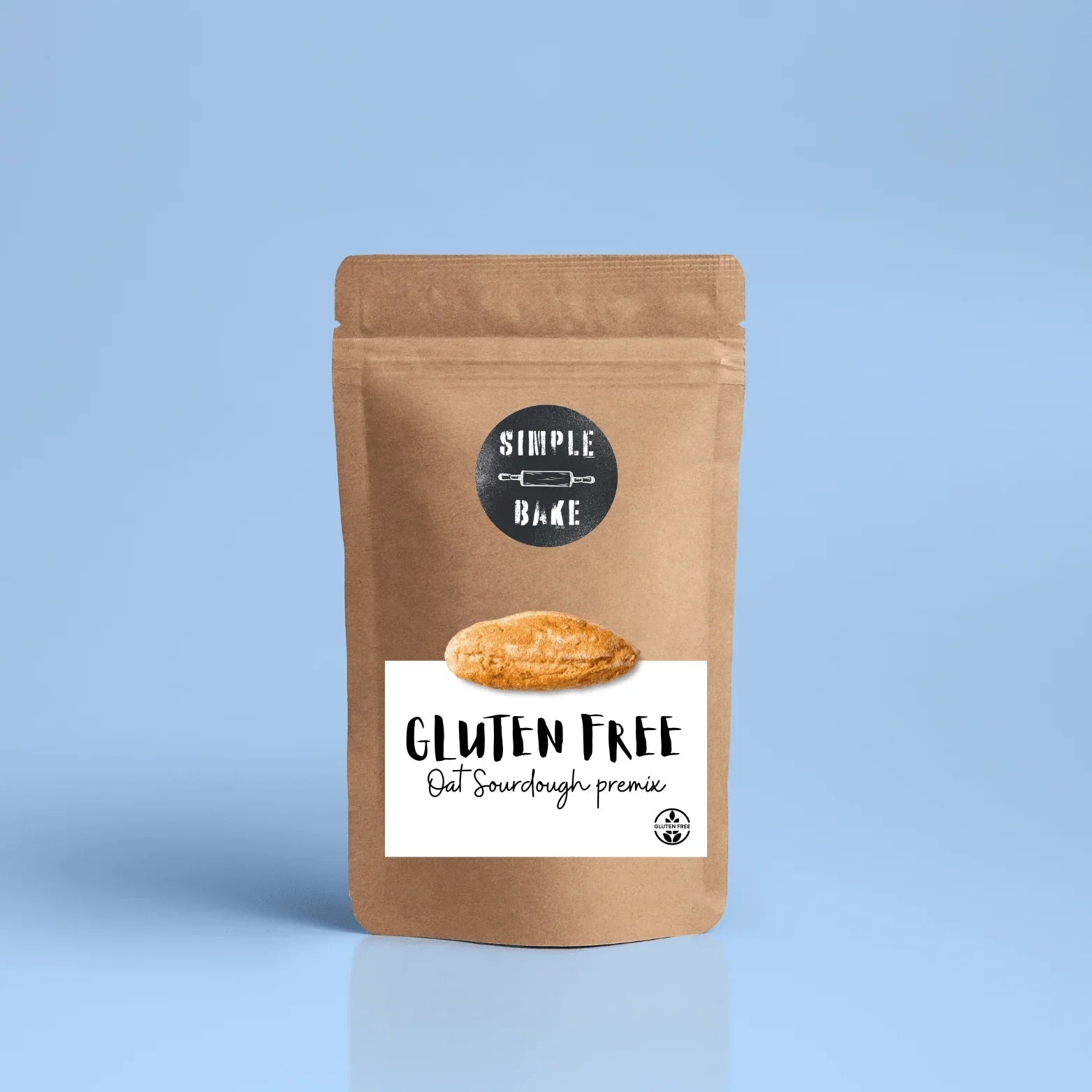 Gluten-free oat bread premix from Simple Bake, showing the dry bread mix in a clear bag with oats and baking ingredients.