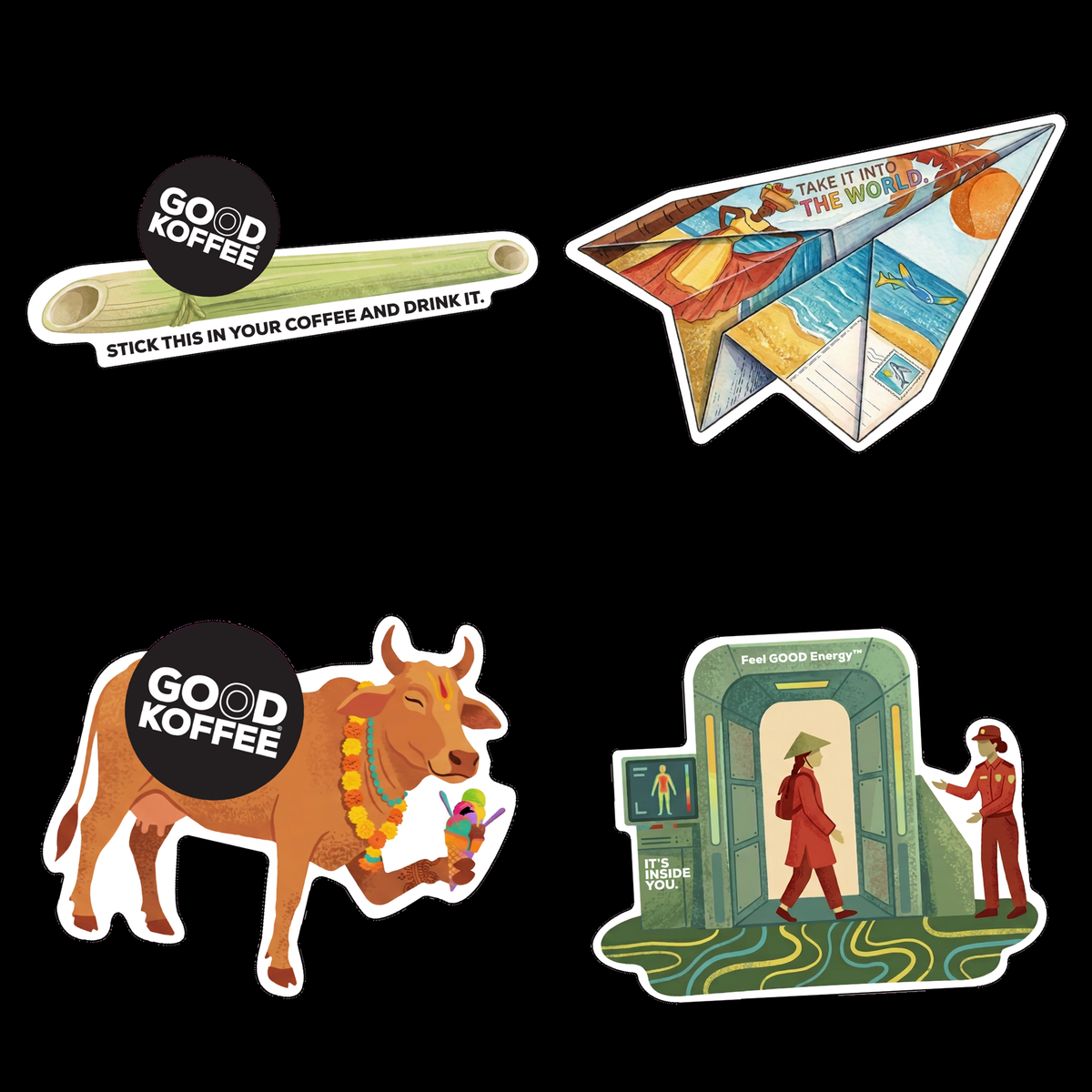 Four die-cut stickers arranged on a black background, featuring illustrated designs: a bamboo stick with a black logo reading GOOD KOFFEE and the phrase 'STICK THIS IN YOUR COFFEE AND DRINK IT.'; a paper airplane with colorful travel-themed artwork and the text 'TAKE IT INTO THE WORLD.