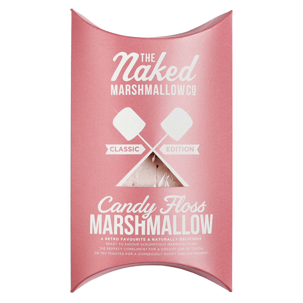 Gourmet Candy Floss Marshmallows from THE MARSHMALLOW FACTORY with fluffy pink and white marshmallow pieces on a white background.