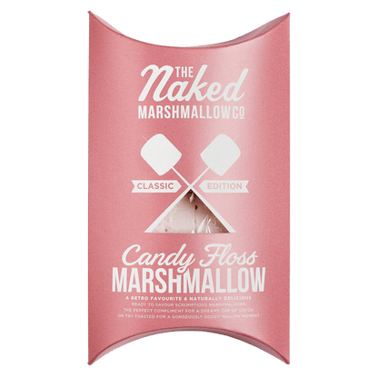 Gourmet Candy Floss Marshmallows from THE MARSHMALLOW FACTORY with fluffy pink and white marshmallow pieces on a white background.
