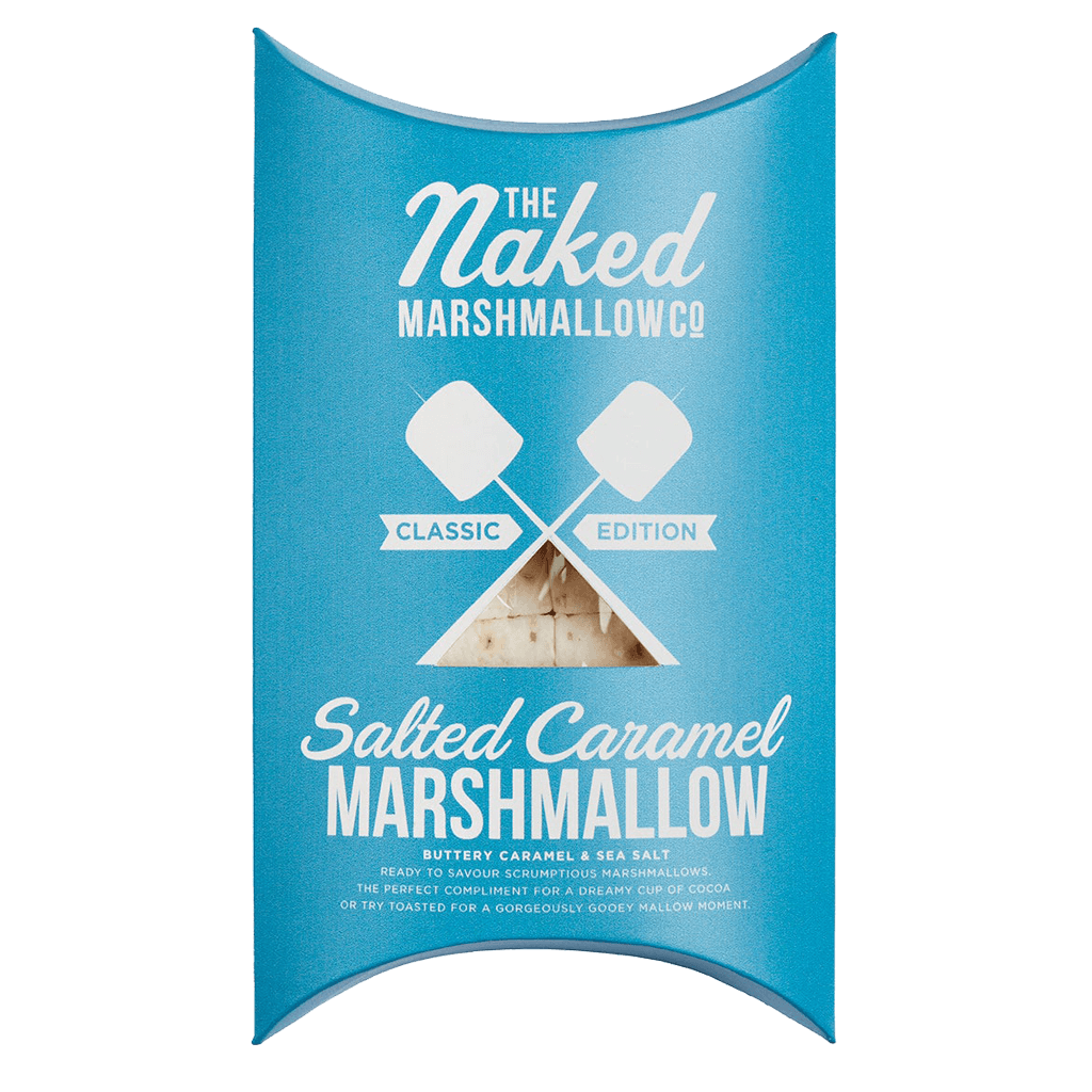 Gourmet salted caramel marshmallows from THE MARSHMALLOW FACTORY, showcasing soft marshmallows with caramel and sea salt topping.