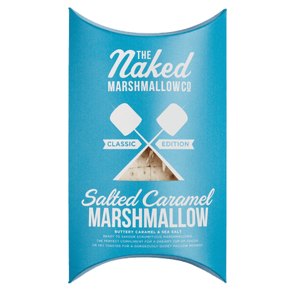 Gourmet salted caramel marshmallows from THE MARSHMALLOW FACTORY, showcasing soft marshmallows with caramel and sea salt topping.