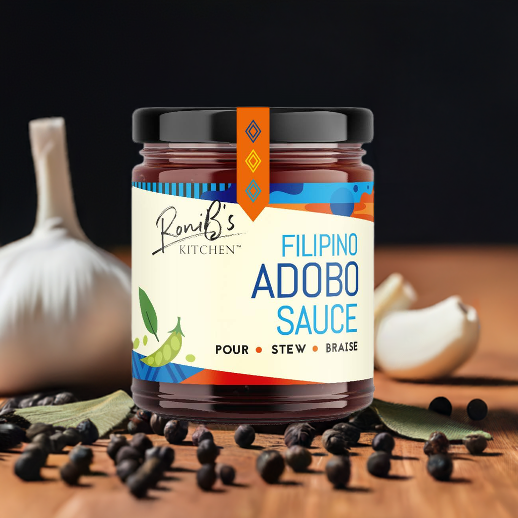 Filipino adobo sauce by RoniBs Kitchen, a flavorful condiment used in traditional Philippine cuisine, shown in a jar.