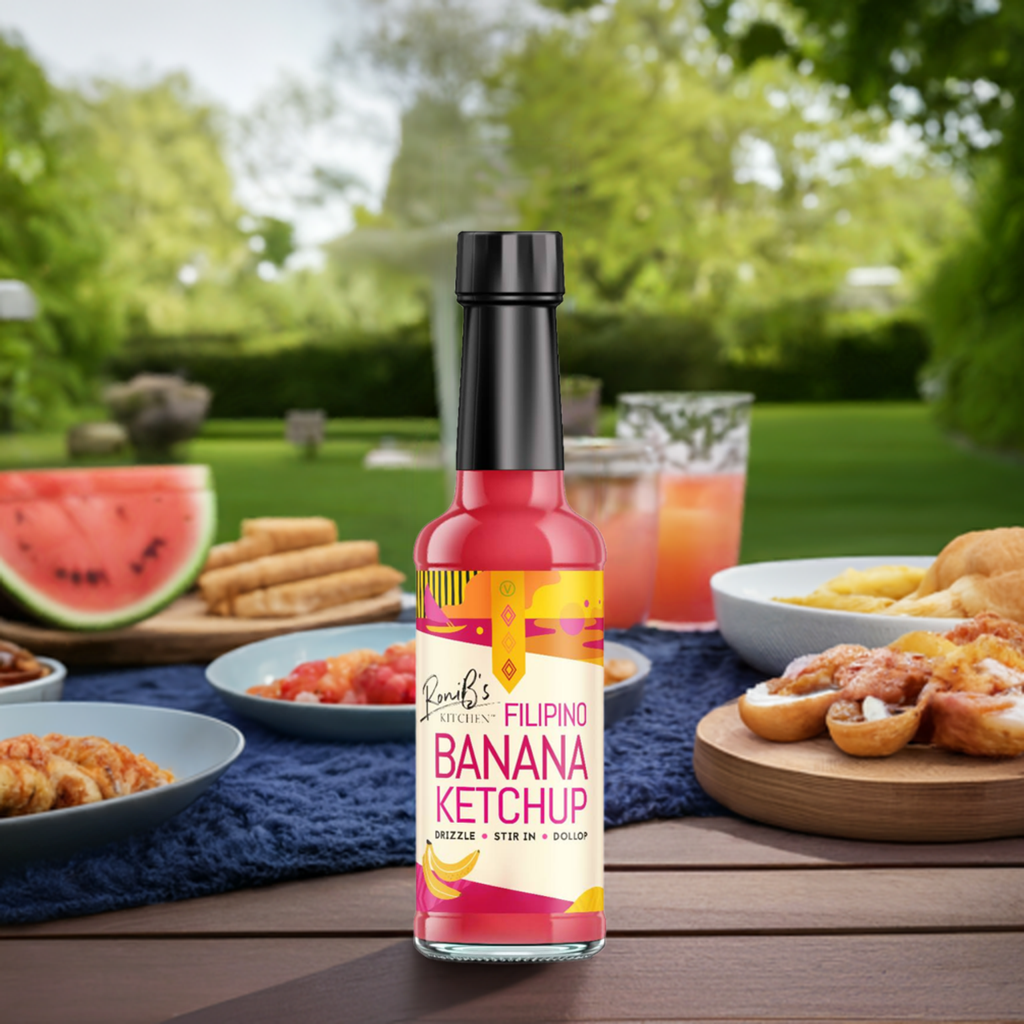RoniB's Kitchen Filipino Banana Ketchup bottle, 150ml, with vibrant label and product image on a white background.