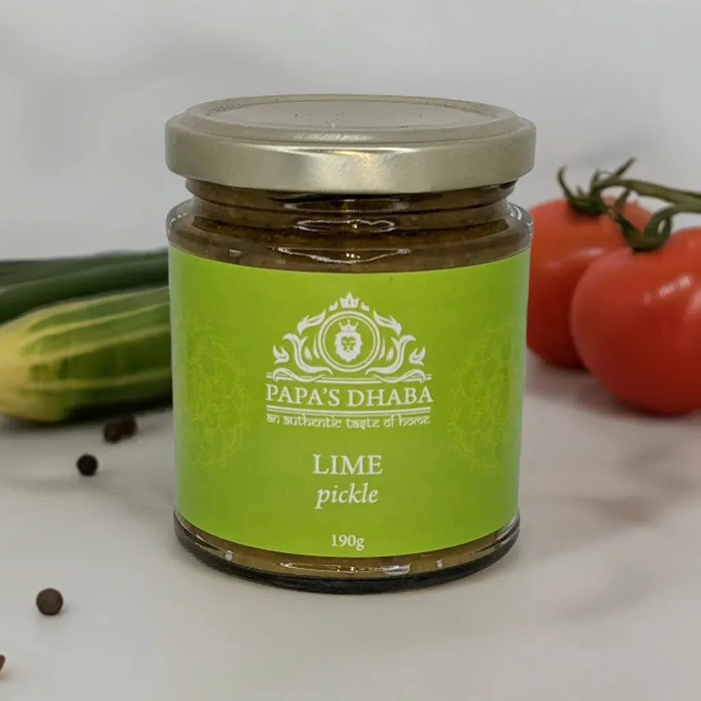 Friars Farm Lime Pickle 200g jar with vibrant green relish, showcasing the spicy, tangy lime relish inside the glass jar.