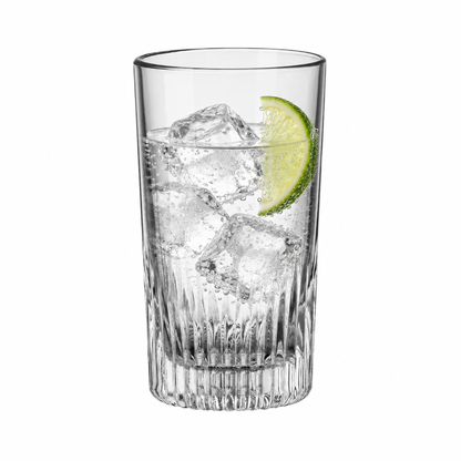 Set of six Bormioli Rocco Graphics long whisky tumblers filled with gin and tonic, 450ml glassware by Glassware UK.