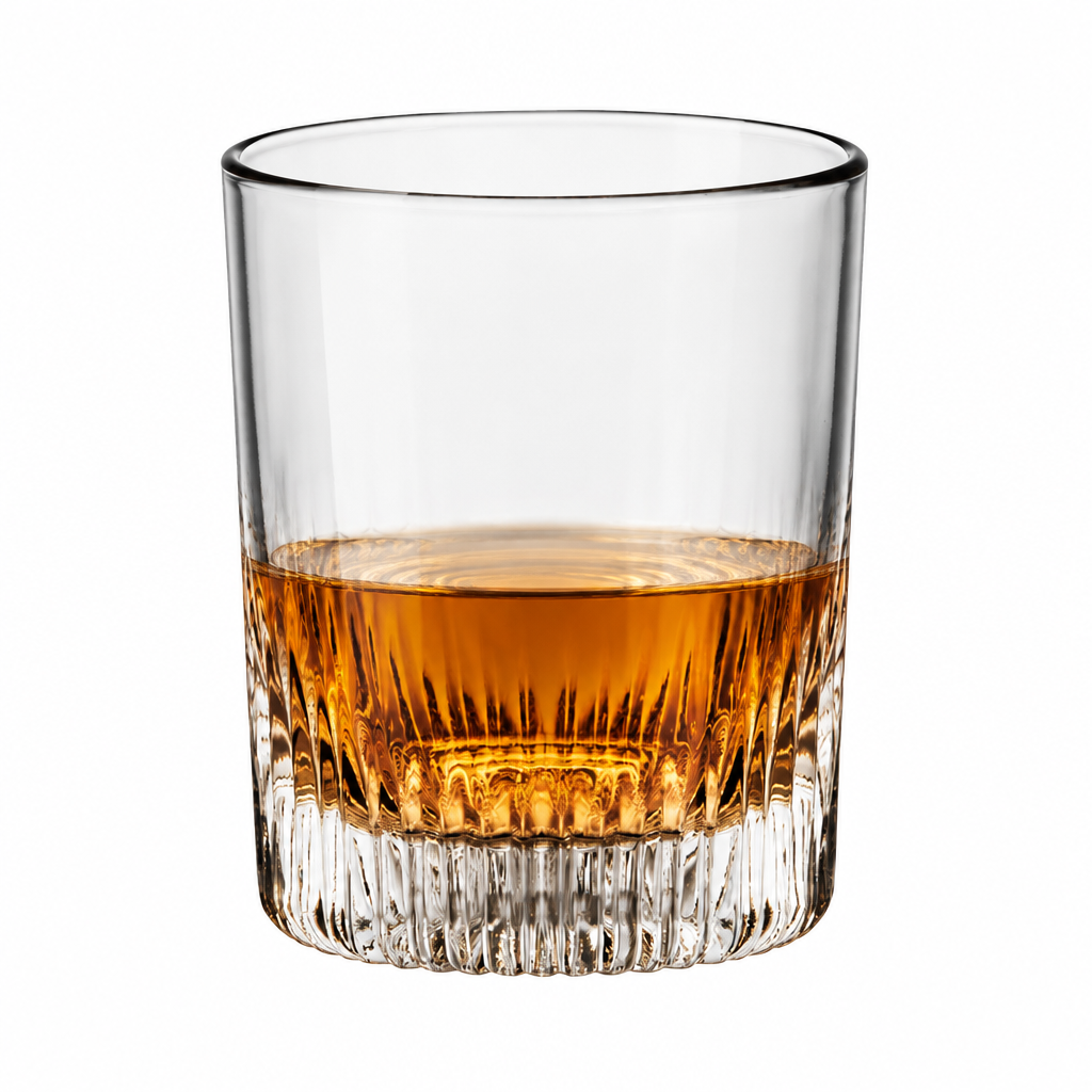 Bormioli Rocco Graphics DOF whisky glass filled with whisky, 385ml capacity, modern design, clear glass tumbler for spirits.