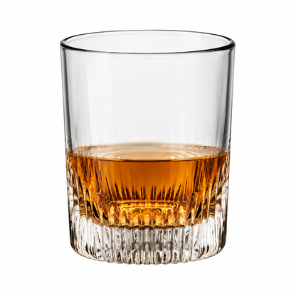 Bormioli Rocco Graphics DOF whisky glass filled with whisky, 385ml capacity, modern design, clear glass tumbler for spirits.