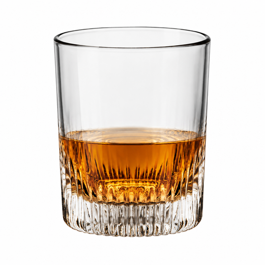 Bormioli Rocco Graphics DOF whisky glass filled with whisky, 385ml capacity, modern design, clear glass tumbler for spirits.