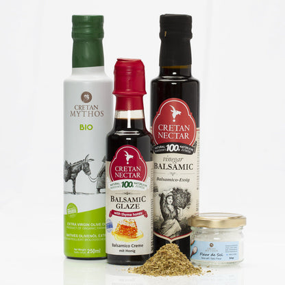 Organic Greek Deli Gift Pack featuring EVO olive oil from The Greek Deli Club, including bottles and packaging details.