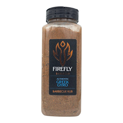 FireFly Barbecue Greek Gyro Spice Seasoning Blend BBQ rub in a jar, featuring herbs and spices for authentic flavor.