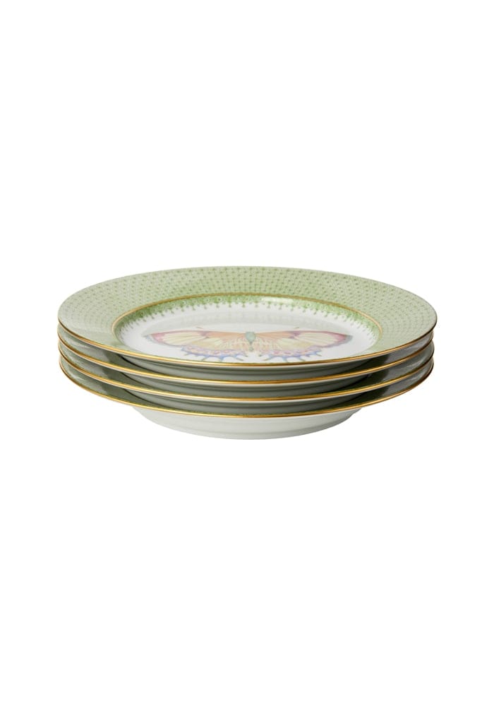 Set of four Casa by Josephine Jenno green apple lace dessert plates with butterfly side designs for pudding or small treats.
