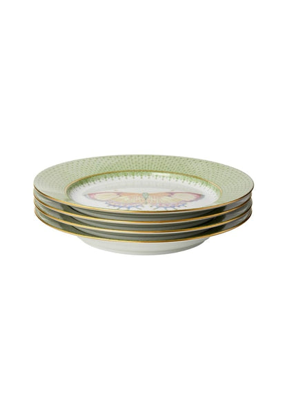 Set of four Casa by Josephine Jenno green apple lace dessert plates with butterfly side designs for pudding or small treats.