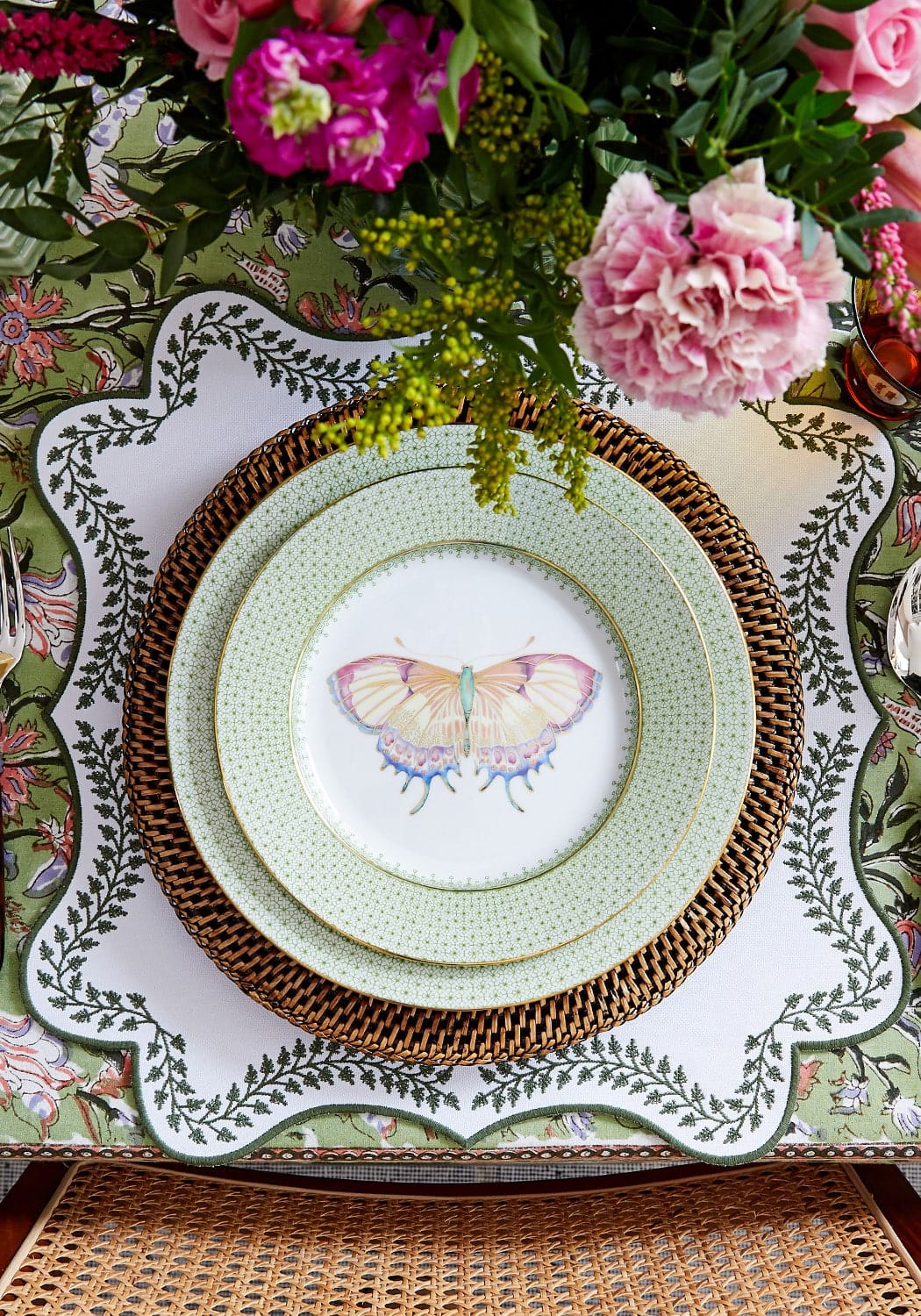 Set of four green apple lace dessert plates with butterfly side design by Casa, perfect for pudding or side servings.