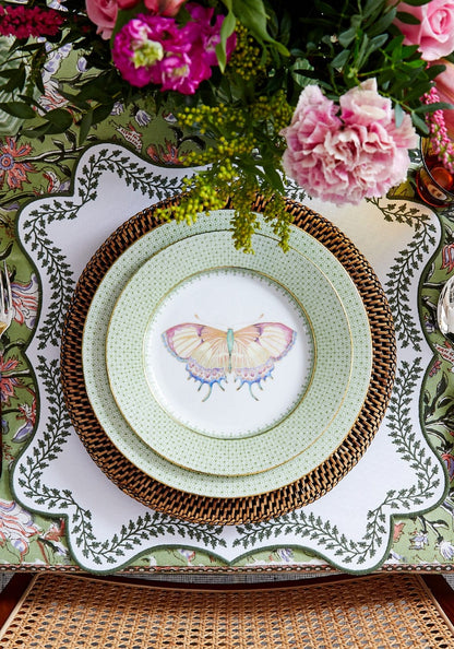 Set of four green apple lace dessert plates with butterfly side design by Casa, perfect for pudding or side servings.