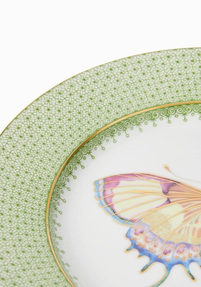 Set of four green apple lace dessert plates with butterfly side design by Casa, perfect for pudding or side servings.