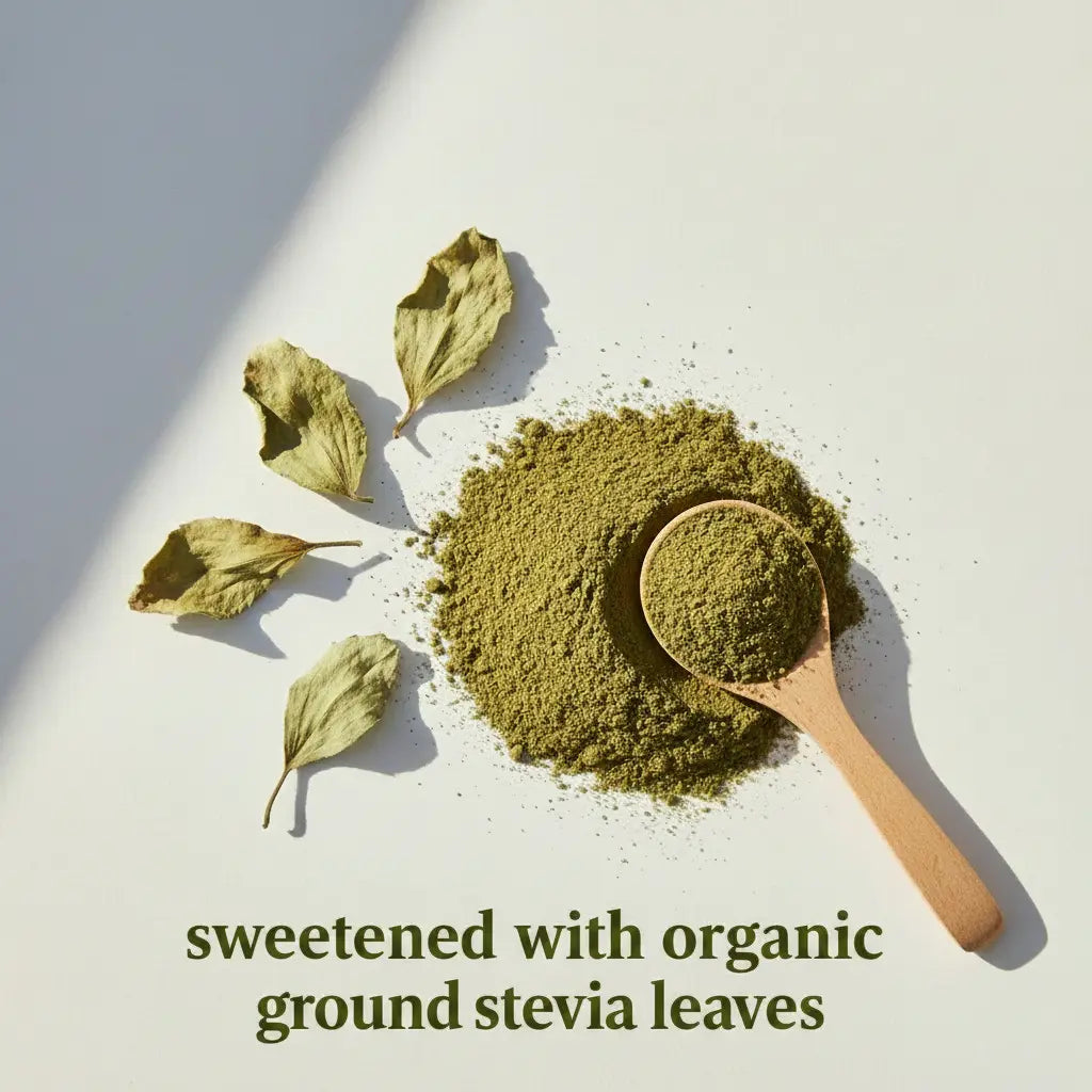 Ground stevia leaves for Siocolat organic vegan sugar-free low-calorie hot chocolate drink. Natural sweetener ingredient.