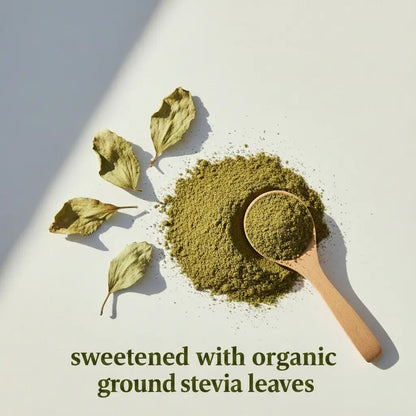 Ground stevia leaves for Siocolat organic vegan sugar-free low-calorie hot chocolate drink. Natural sweetener ingredient.