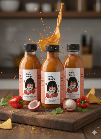 Ning Nings Scotch Bonnet & Lychee Pepper Sauce bottle with colorful label, showcasing spicy chili sauce flavor and branding.