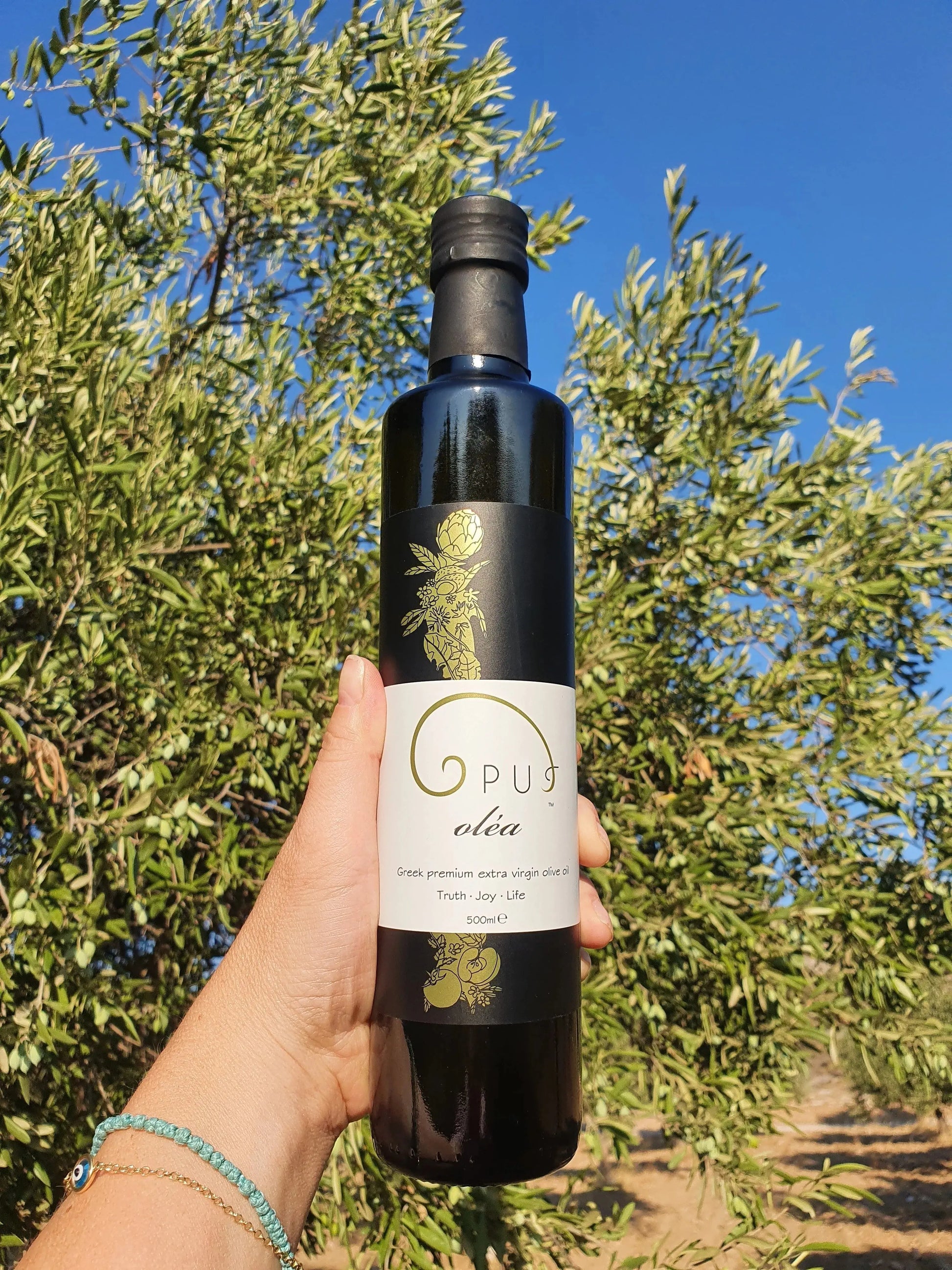 Opus oléa extra virgin olive oil 500ml bottle in a grove setting with olive branches and trees in the background.