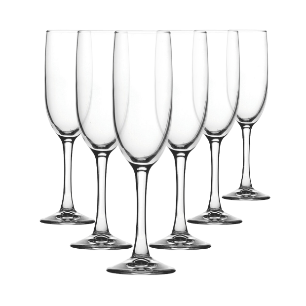 Set of six Glassware UK Imperial Plus champagne flutes, 150ml, clear glass with elegant stem design for sparkling wine.