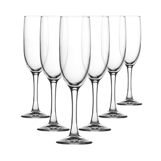 Set of six Glassware UK Imperial Plus champagne flutes, 150ml, clear glass with elegant stem design for sparkling wine.