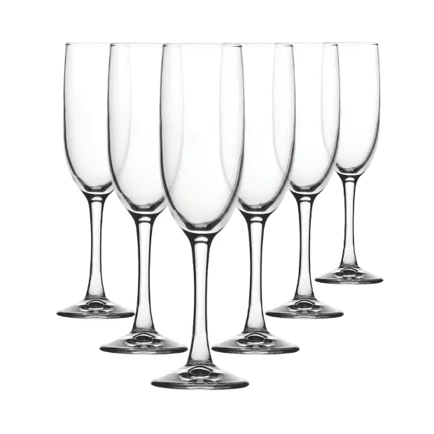 Set of six Glassware UK Imperial Plus Champagne Flutes, 150ml, with clear glass and elegant tall stems for celebrating.